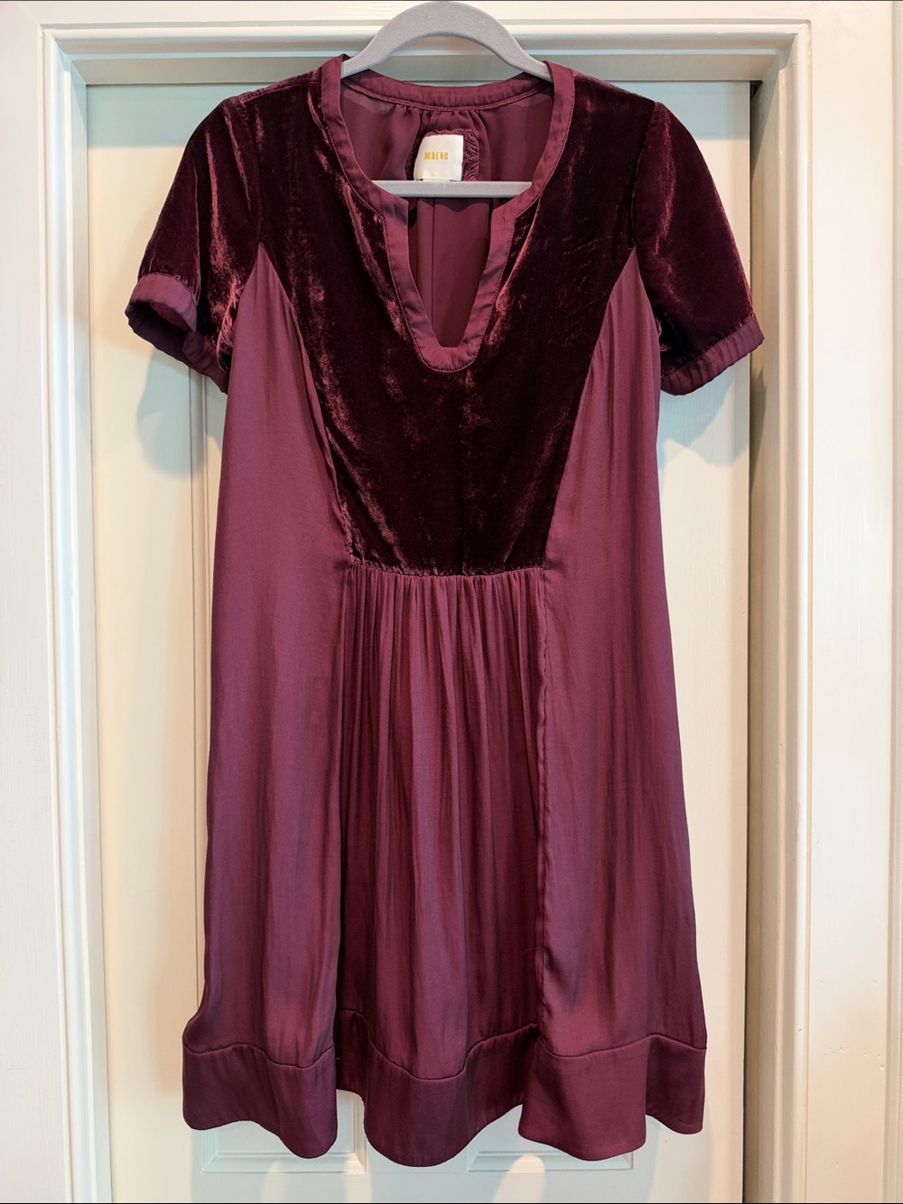 Maeve Velvet-Yoke Wine Dress